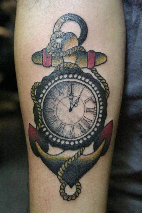 Coloured anchor and a compass tattoo - Tattooimages.biz